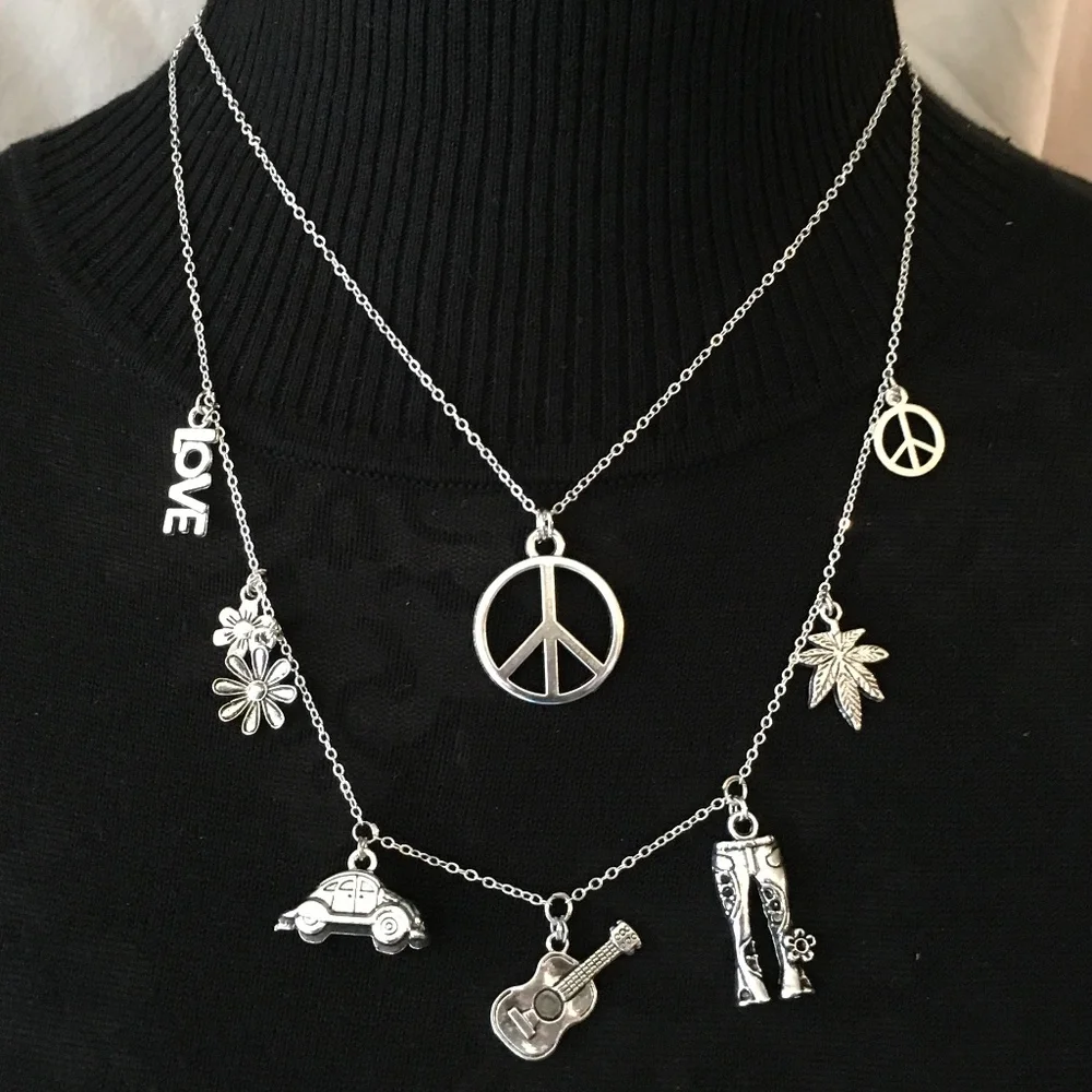“Groovy Hippie" Handmade 2-Layer Necklace, Flower Power Peace Love Music VW Bug - Picture 7 of 15